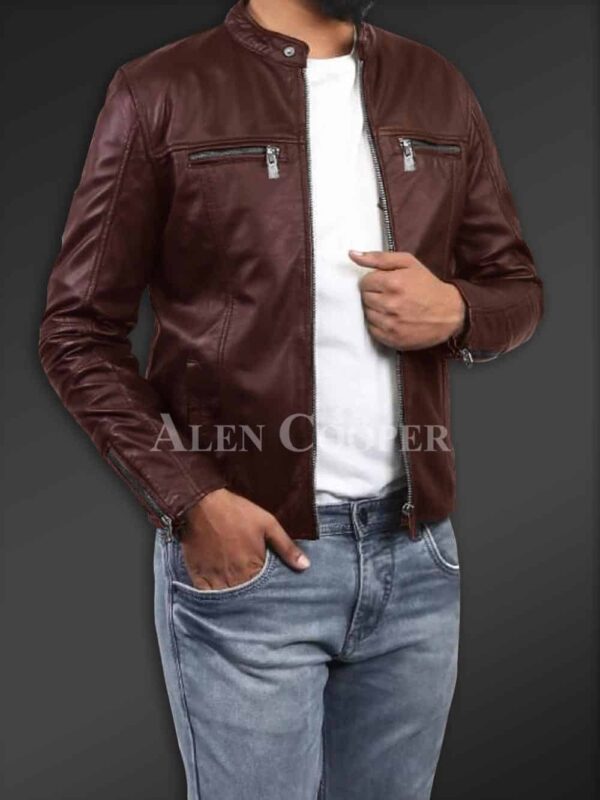 New Men’s comfortable real leather jacket in Coffee side view