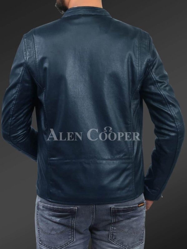 New Men’s comfortable real leather jacket in Navy back side view
