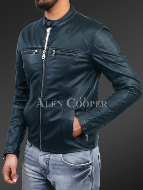 New Men’s comfortable real leather jacket in Navy side view