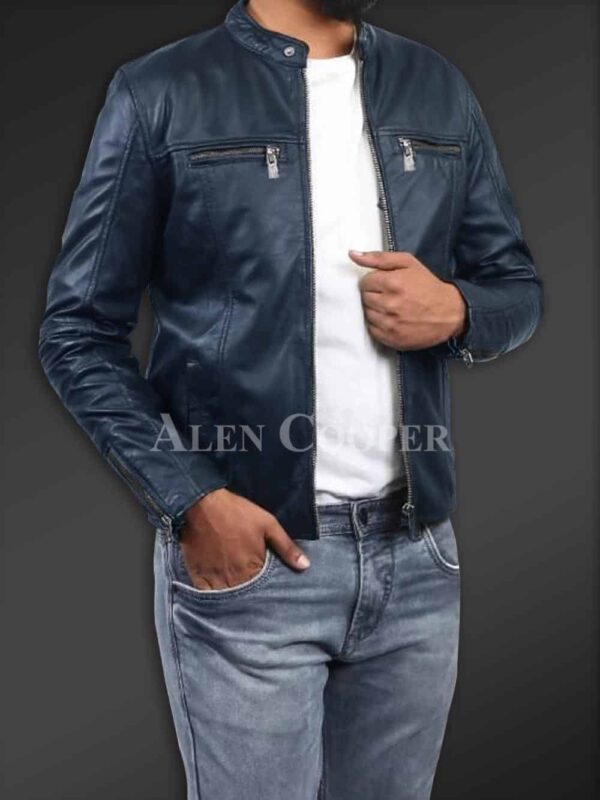 New Men’s comfortable real leather jacket in Navy view