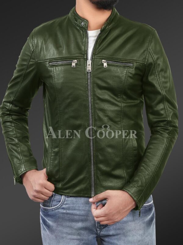 New Men’s comfortable real leather jacket in Olive