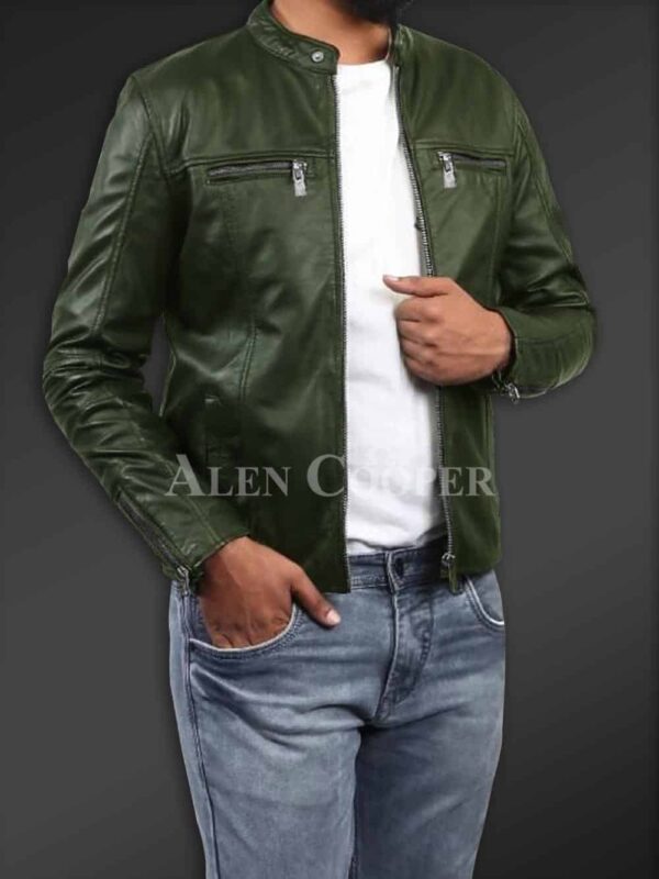 New Men’s comfortable real leather jacket in Olive side view