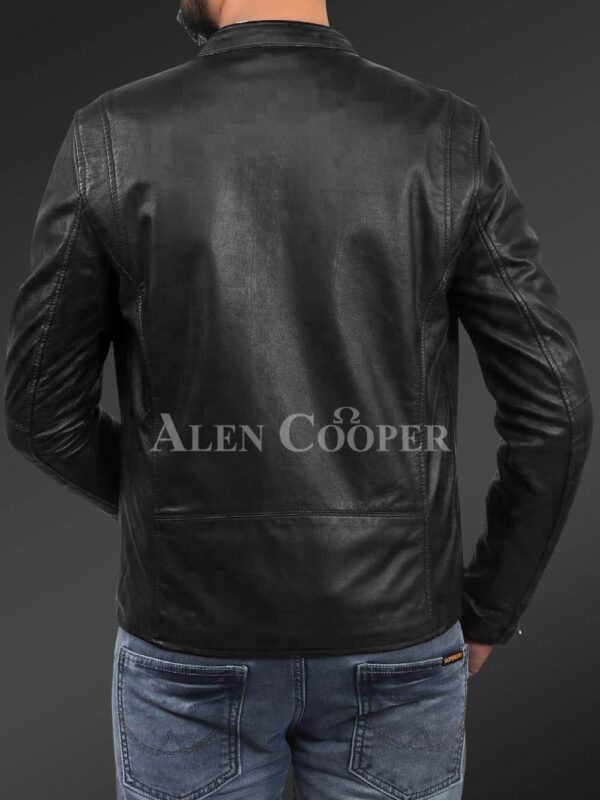 New Men’s comfortable real leather jacket in black back side view