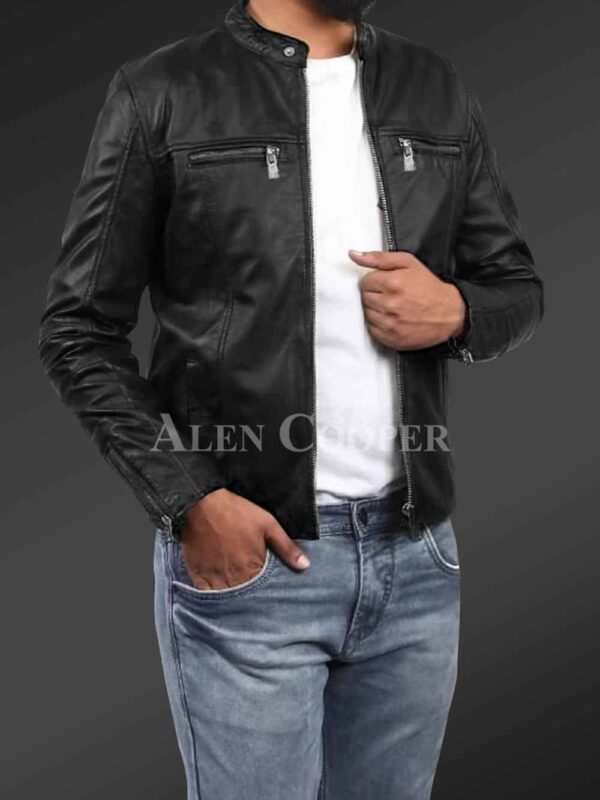New Men’s comfortable real leather jacket in black side view