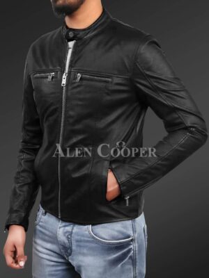 New Men’s comfortable real leather jacket in black view