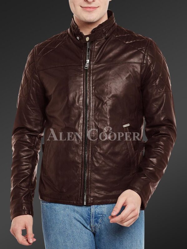 New Men’s iconic Coffee short real leather jacket with quilted shoulder