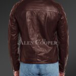 New Men’s iconic Coffee short real leather jacket with quilted shoulder back side view