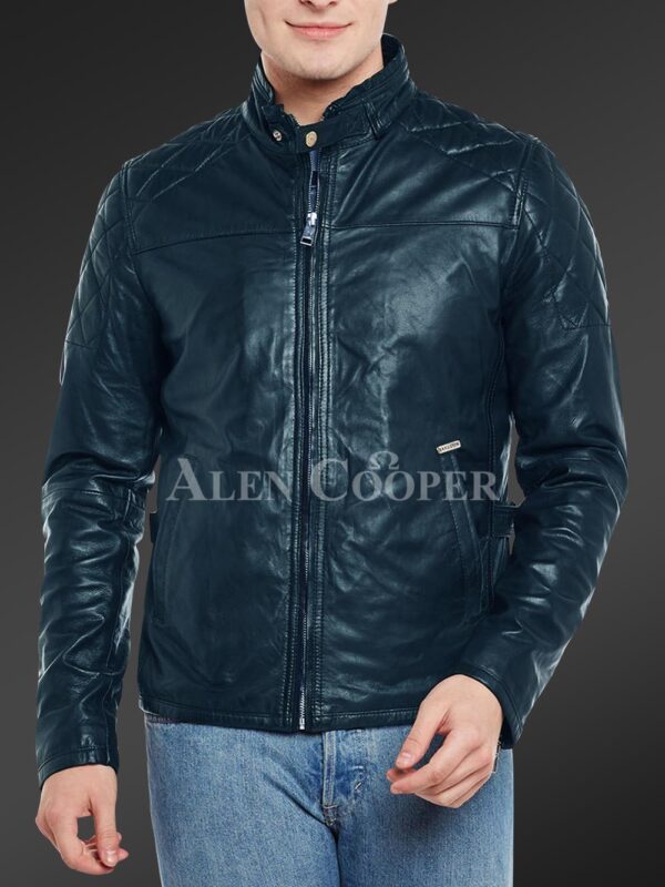 New Men’s iconic Navy short real leather jacket with quilted shoulder
