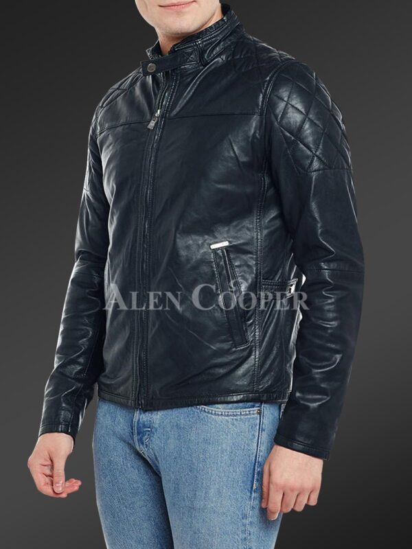 New Men’s iconic Navy short real leather jacket with quilted shoulder side view