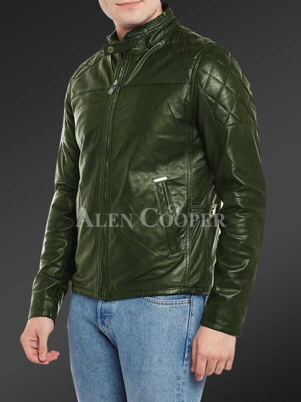 New Men’s iconic Olive short real leather jacket with quilted shoulder