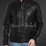 New Men’s iconic black short real leather jacket with quilted shoulder