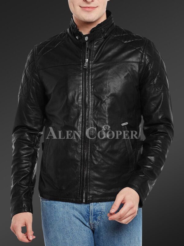 New Men’s iconic black short real leather jacket with quilted shoulder