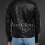 New Men’s iconic black short real leather jacket with quilted shoulder back side view
