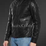 New Men’s iconic black short real leather jacket with quilted shoulder side view