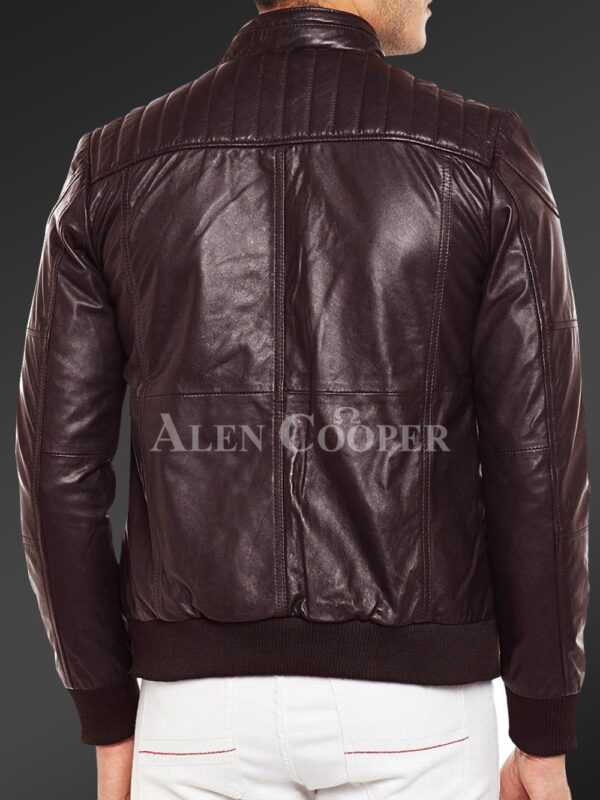 New Quilted slim fit real leather jacket for men in Coffee back side view