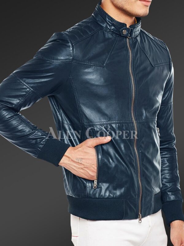 New Quilted slim fit real leather jacket for men in Navy