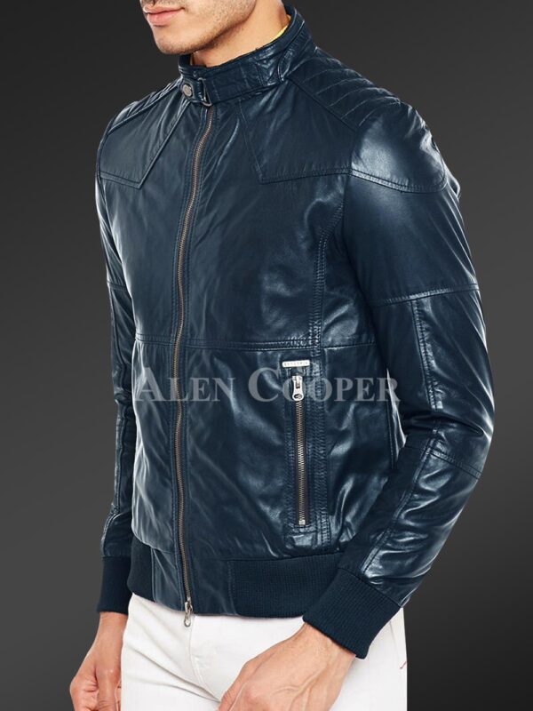New Quilted slim fit real leather jacket for men in Navy Side view