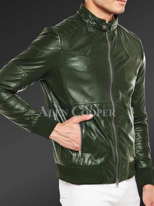 New Quilted slim fit real leather jacket for men in Olive