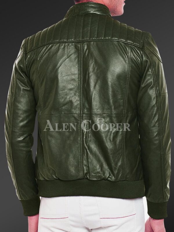 New Quilted slim fit real leather jacket for men in Olive back side view