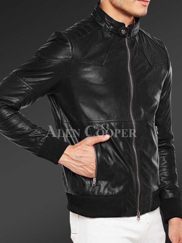 New Quilted slim fit real leather jacket for men in black