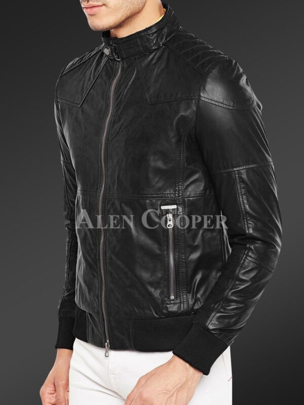 New Quilted slim fit real leather jacket for men in black Side back view