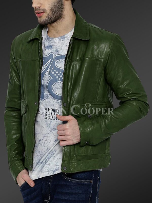 New Real leather winter jacket with traditional snap pockets for men In Green view