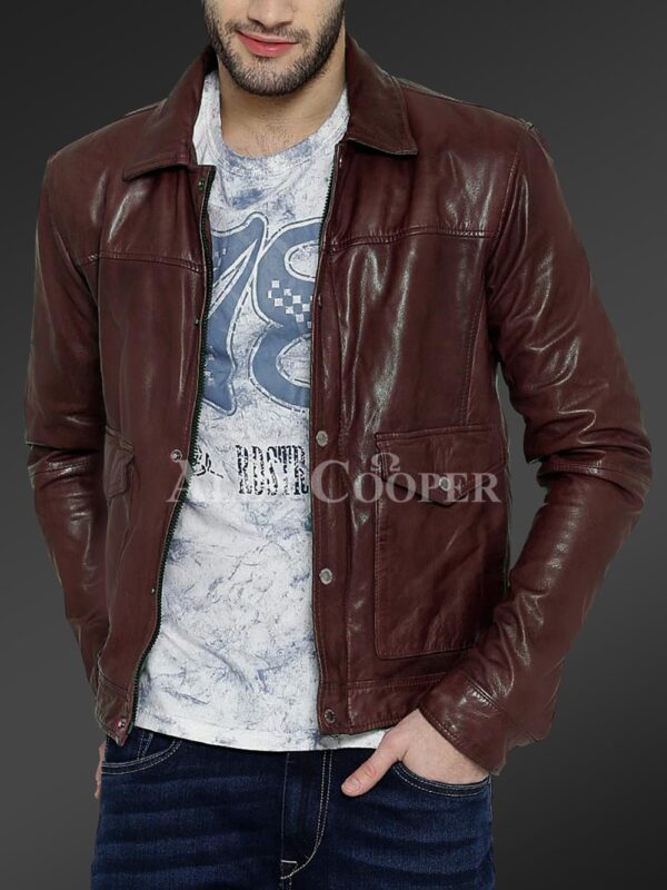 New Real leather winter jacket with traditional snap pockets for men In Wine