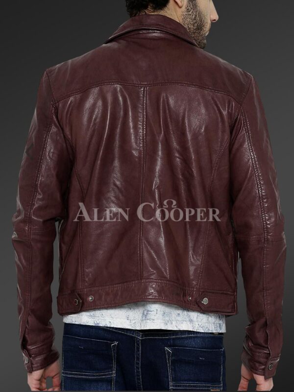 New Real leather winter jacket with traditional snap pockets for men In Wine Back view