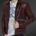 New Real leather winter jacket with traditional snap pockets for men In Wine view
