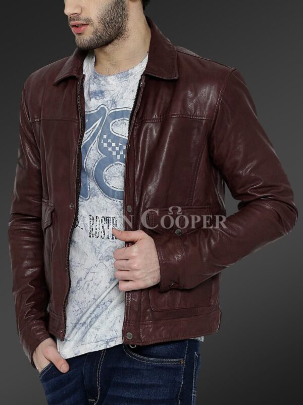 New Real leather winter jacket with traditional snap pockets for men In Wine view