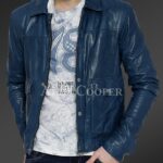 New Real leather winter jacket with traditional snap pockets for men In blue