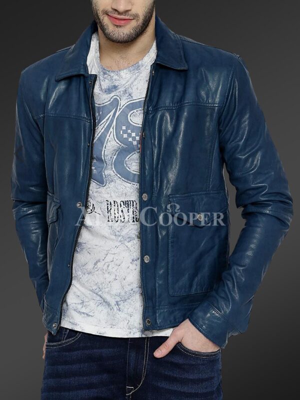 New Real leather winter jacket with traditional snap pockets for men In blue