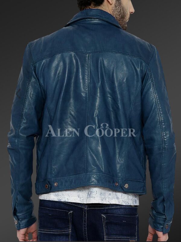New Real leather winter jacket with traditional snap pockets for men In blue back view