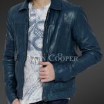 New Real leather winter jacket with traditional snap pockets for men In blue view