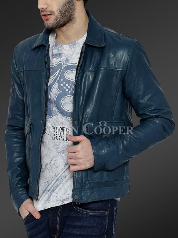 New Real leather winter jacket with traditional snap pockets for men In blue view