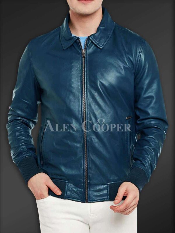 New Side view Super glossy pure leather jacket for men In Navy