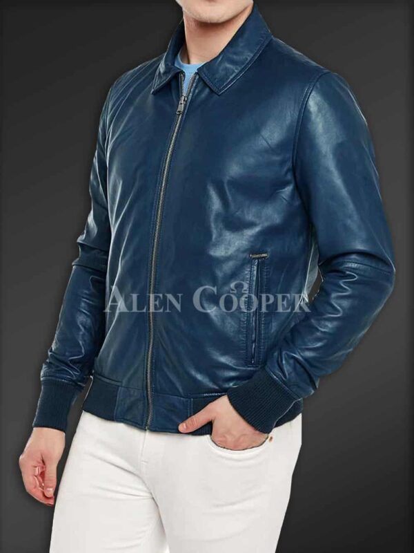 New Side view Super glossy pure leather jacket for men In Navy side view