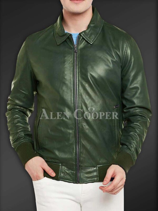New Side view Super glossy pure leather jacket for men In Olive