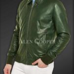 New Side view Super glossy pure leather jacket for men In Olive side view
