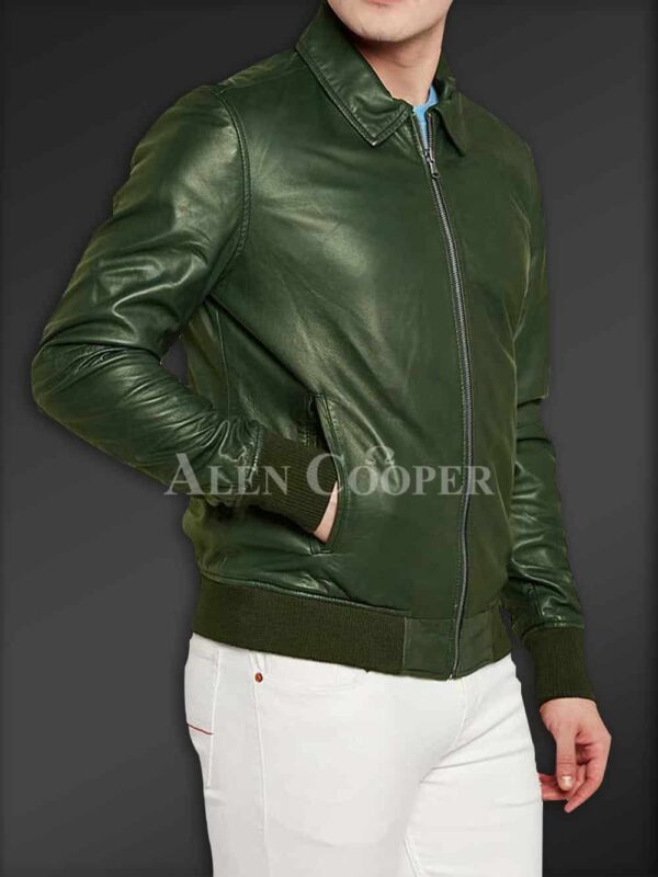 New Side view Super glossy pure leather jacket for men In Olive sideview