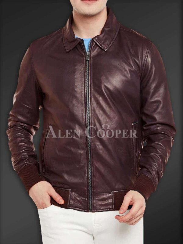 New Side view Super glossy pure leather jacket for men In coffee