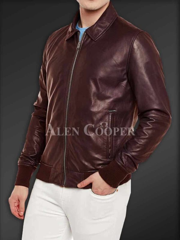 New Side view Super glossy pure leather jacket for men In coffee side view