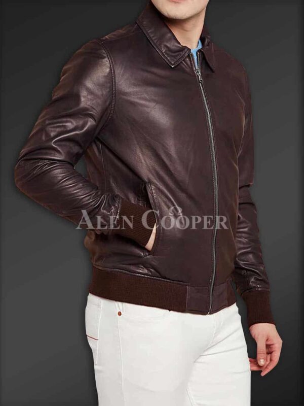 New Side view Super glossy pure leather jacket for men In coffee sideview