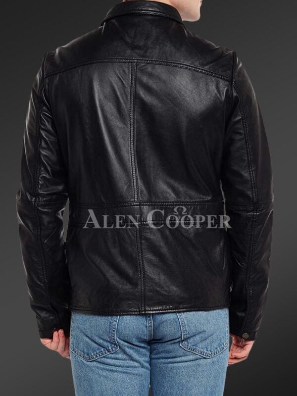 New Slim fit pure n smooth real leather jacket with double faced shearling collar Back SIde view