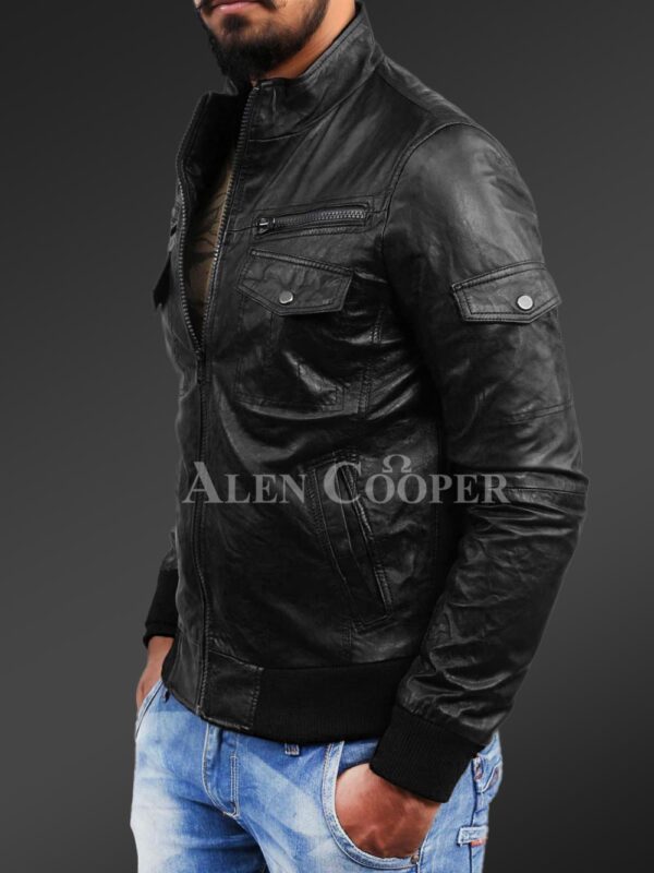 New Slim fit pure n smooth real leather jacket with double faced shearling collar SIde view
