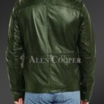 New Slim fit pure n smooth real leather jacket with double faced shearling collar in Olive back side view