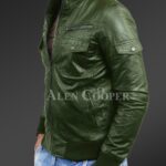 New Slim fit pure n smooth real leather jacket with double faced shearling collar in Olive side view