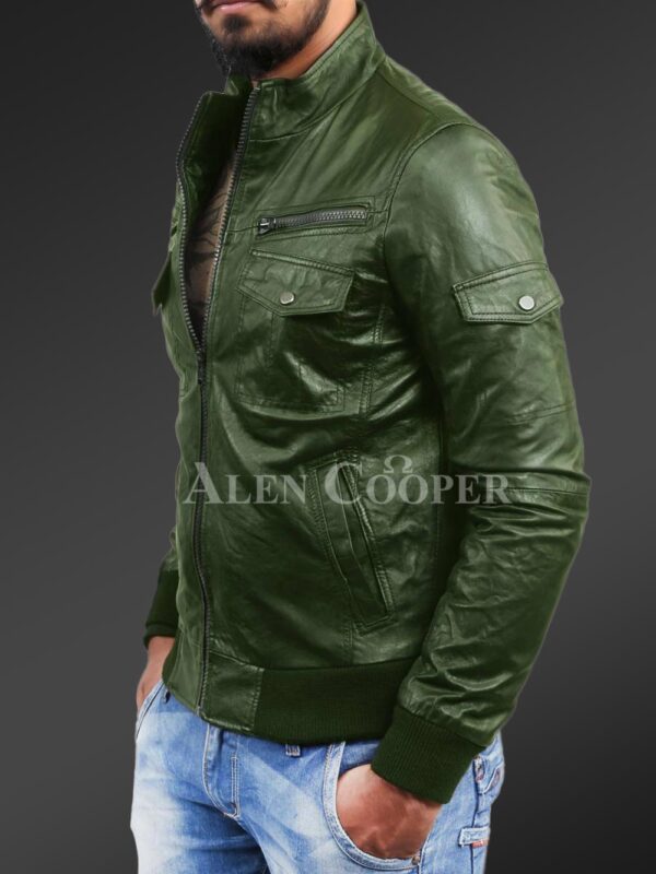 New Slim fit pure n smooth real leather jacket with double faced shearling collar in Olive side view