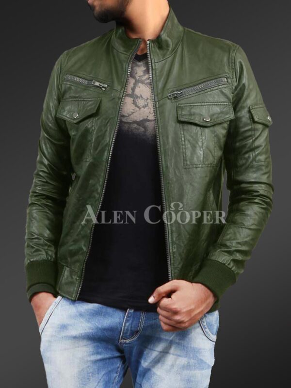 New Slim fit pure n smooth real leather jacket with double faced shearling collar in Olive view