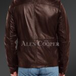 New Slim fit pure n smooth real leather jacket with double faced shearling collar in coffee back side view